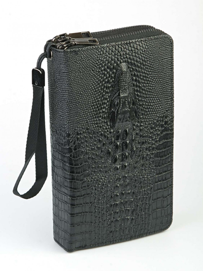 Клатч мужской с 2 молниями (крокодил/эко-кожа) (чёрный)