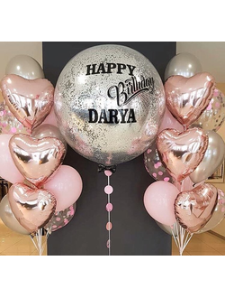 Шар гигант с надписью конфетти и фольгированные сердечки от assorti123.ru