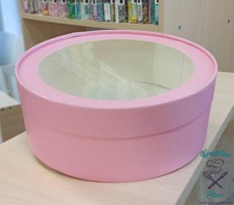 Коробка под зефир и пирожные ШЛЯПНАЯ c окном, d=200 (h=70) мм, розовая матовая