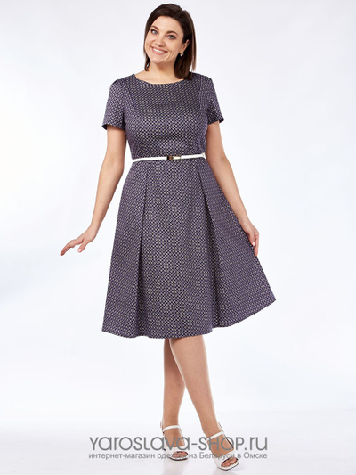 Женское платье А-силуэта темного синего цвета в мелкий рисунок