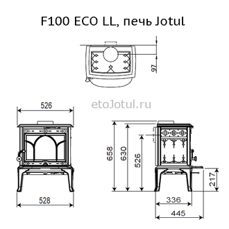 Схема печи Jotul F100 ECO LL SE IVE, высота, ширина, глубина