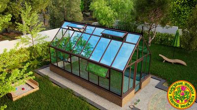 Теплица из стекла и алюминия ЧЕСТЕРФИЛД-ЭЙР с увеличенными форточками в скатах крыши