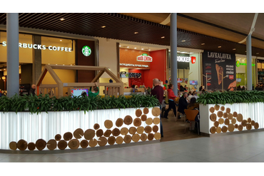 Декор на фудкорте спилами разных пород дерева, МЕГА Теплый Стан, г.Москва.