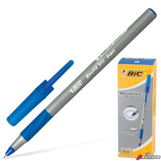 Ручка шариковая с грипом BIC «Round Stic Exact», СИНЯЯ, корпус серый, узел 0,8 мм, линия письма 0,3 мм. 141767