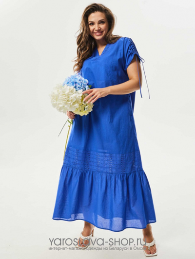Легкое летнее платье "макси" синего цвета с кулисой на плечах