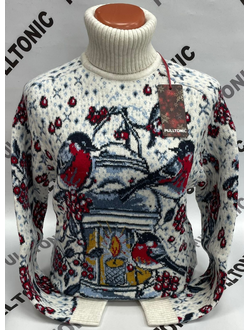 Свитер женский Снегири, рябина и свеча 02 белый