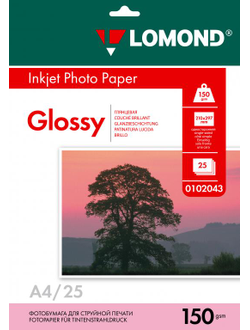 Односторонняя Глянцевая фотобумага Lomond для струйной печати, A4, 150 г/м2, 25 листов.