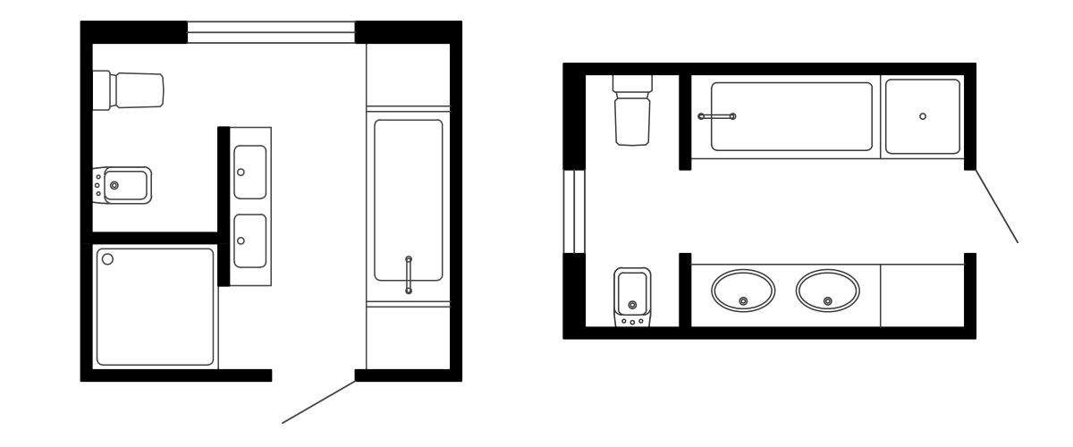 Варианты расположения ванной, душа, двух умывальников и двух приборов в ванной комнате