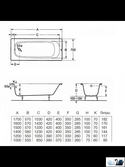 Ванна Roca Continental 21290200R 160 х 70 см чугунная прямоугольной формы без антискользящего покрытия