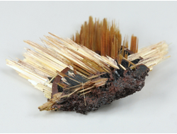 Редкость! Рутил свободного роста, сростки "звезды" золотистых игольчатых кристаллов на кристаллах гематита, Бразилия (28*20*8 мм, 2,5 г) №37917