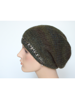 Женский вязаный берет одинарный Vizio Италия 5872 ВО зеленый с украшениями фото