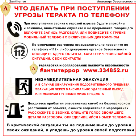 Действия при получении звонка об угрозе теракта