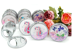 Зеркальце карманное двойное с блестками (ТИП: Бабочки, Единорог)