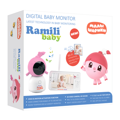 Видеоняня Ramili Baby RV100NUSHA Нюша, Малышарики, с креплением, Wi-Fi моторизированная видеоняня с креплением + монитор с диагональю 12,7 см., интерком, DVR, 2k