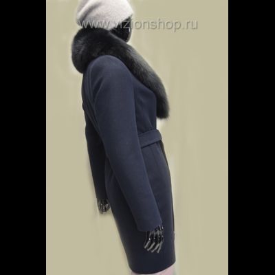 Синее пальто женское с меховым воротником Арти мода Arti moda 1441