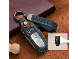 Синий чехол для ключа Ауди Q7,А6, А7, А8 с 2019 года выпуска. Прошит коричневой ниткой.