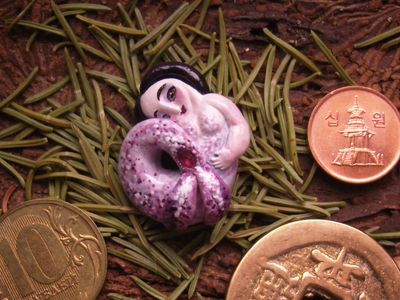 Брошь в технике скульптурной миниатюры "Русалочка - Морская Роза" с натуральным рубином