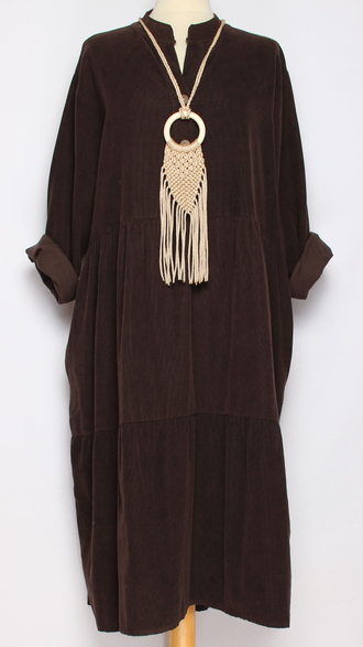 Платье-рубашка Бохо "Стойка вельветовое " два яруса шоколад до р.56