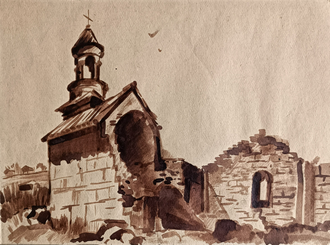 "Руины церкви" бумага сепия Klaus Ensikat 1950-е годы