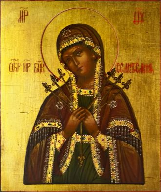 Семистрельная Богородица (образ "Умягчение злых сердец"). Рукописная икона.