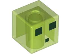Minifigure, Head, Modified Cube with Pixelated Dark Green Eyes and Mouth Pattern Minecraft Slime, Trans-Bright Green (19729pb021 / 6179172 / 6230226 / 6335370)