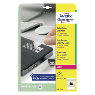 Этикетки-пломбы А4 всепогодные Avery Zweckform, белый полиэстер, 45.7x21.2мм, 48шт/л, L6113-20
