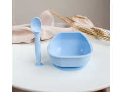 Набор силиконовая тарелочка на присоске с ложечкой Голубая