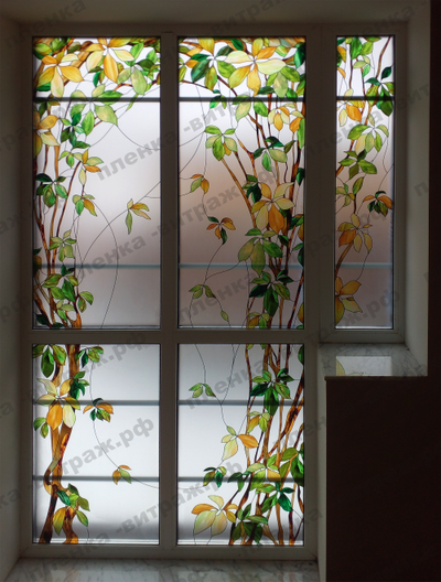 Витражная пленка, витражная пленка самоклеющаяся под заказ,пленочный витраж с листьями