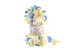 Пряжа Puffy Color Alize   (Ализе Пуффи колор) Состав: 100 % микрополиэстер акрил Вес: 100 гр Метраж: 9,5 м.  цвет желтый синий белый  6069