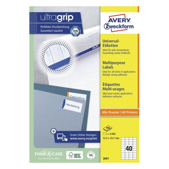 Этикетки А4 универсальные самоклеящиеся Avery Zweckform, белые, 52.5x29.7мм, 40шт/л, 3651
