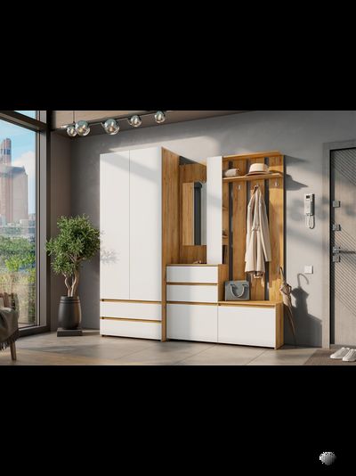 Некст Вешалка с зеркалом Дуб Золотой / Белая шагрень