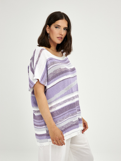 Летний вязанный топ в полоску лиловый с серебром