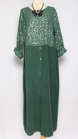 Платье Бохо вельветовое "Кружево пайетки" малахит до р.54