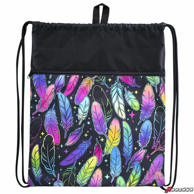 Мешок для обуви BRAUBERG БОЛЬШОЙ, с ручкой, карман на молнии, сетка, 51×41 см, «Feathers». 271057