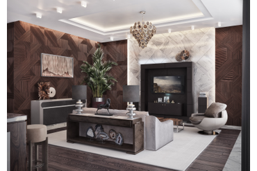 Стеновая панель из термоясеня "Фрезированные панели (квадраты)" (артикул 1031-ST) в интерьере гостиной