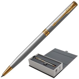 Ручка подарочная шариковая PARKER "Sonnet Core Stainless Steel GT Slim", тонкий серебристый корпус, позолота, черная, 1931508
