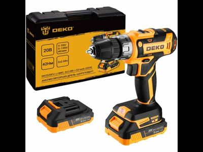 Дрель-шуруповерт аккумуляторная Deko DKCD20FU-Li в кейсе, 20В, 2x2.0 Ач + 63 предмета (063-4093)