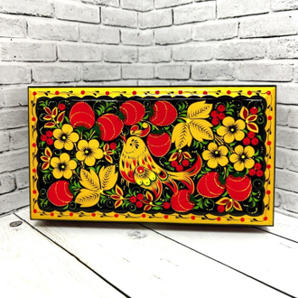 Шкатулка для денег Птица с клубникой 180х100 мм деревянная с росписью Хохлома