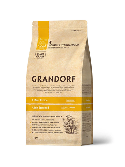 Grandorf (Грандорф) сухой корм для стерилизованных кошек и кастрированных котов 4 мяса с пробиотиками, 2 кг