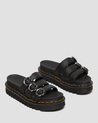 БОСОНОЖКИ DR. MARTENS BLAIRE FLOWER BUCKLE LEATHER SLIDE ЧЕРНЫЕ