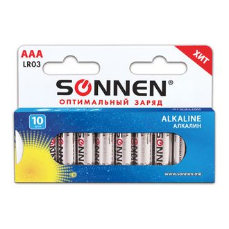 Батарейки SONNEN Alkaline, AAA (LR03, 24А), алкалиновые, КОМПЛЕКТ 10 шт., в коробке, 451089