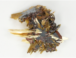 Редкость! Рутил свободного роста, сростки "звезды" золотистых игольчатых кристаллов на кристаллах гематита, Бразилия (20*18*7 мм, 2 г) №37911