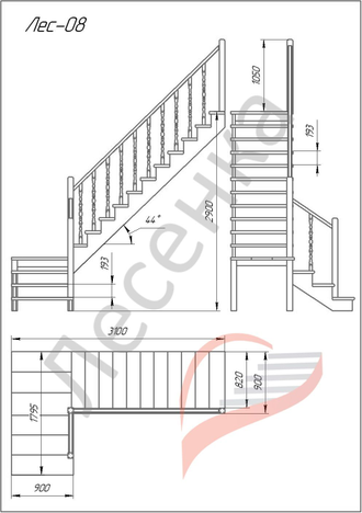 Деревянная межэтажная лестница ЛЕС-08 поворот 90°