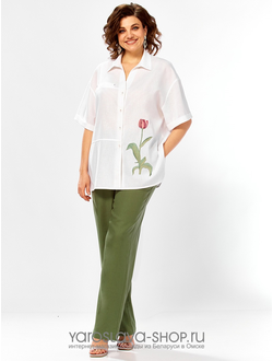 Модель: 3498.Женский летний костюм с белой блузой и брюками зеленого цвета