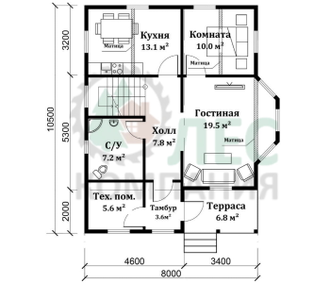 Полутораэтажный дом из бруса 8x10,5 с кукушкой, террасой, эркером и балконом