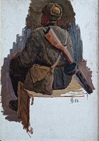 "Сидящий солдат со спины" картон масло Бетехтин О.Г. 1956 год