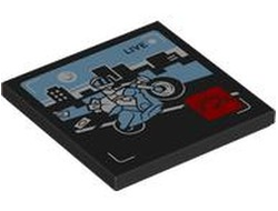 Tile 4 x 4 with 'LIVE' Broadcast with Bright Light Blue Motorcycle and Sky, Black Road and Skyliners, White Minifigure, Red Icon with Speedometer Pattern, Black (1751pb048 6530116)