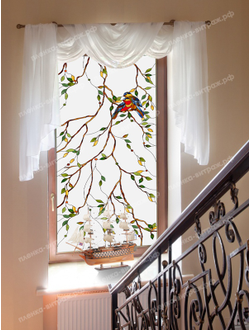 Витражная пленка, витражная пленка самоклеющаяся под заказ,пленочный витраж флора с птицами