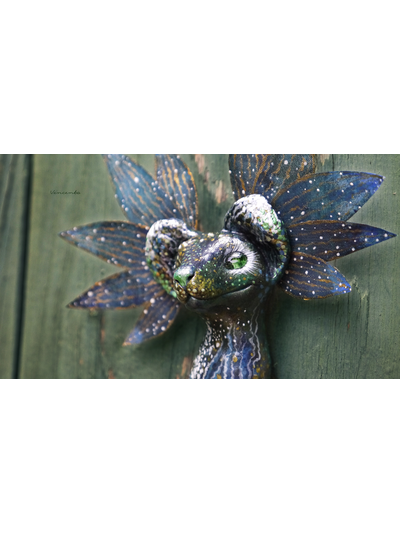 Необычная брошь &quot;Морская Кицунэ - Волшебная Лисичка&quot; (шёлк, флюорит, кварц)