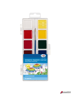 Краски акварельные ГАММА «Классическая», 12 цветов, медовая, c кистью, пластиковая коробка, европодвес. 192303